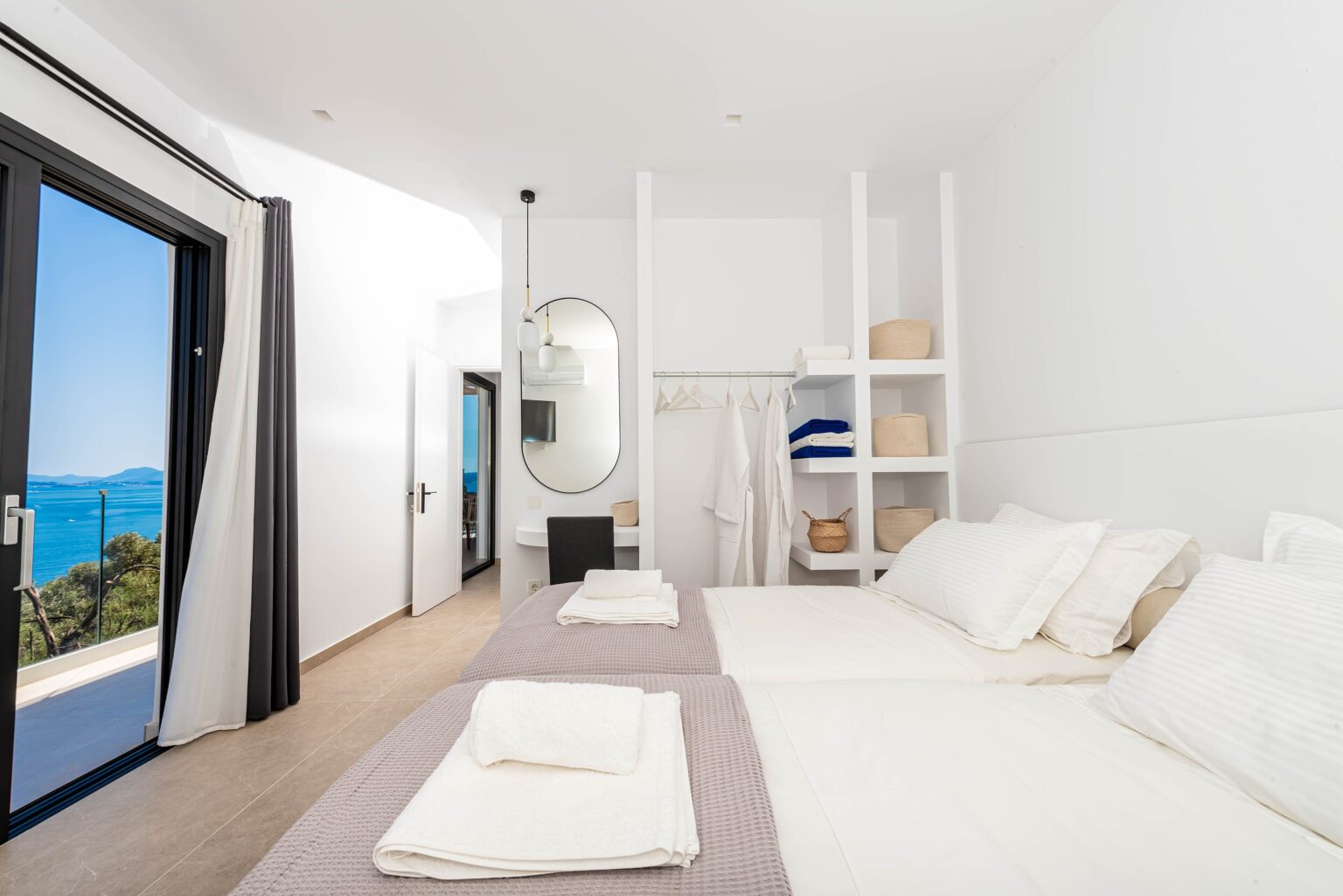 Master bedroom with sea views, Nissaki Villas, Corfu